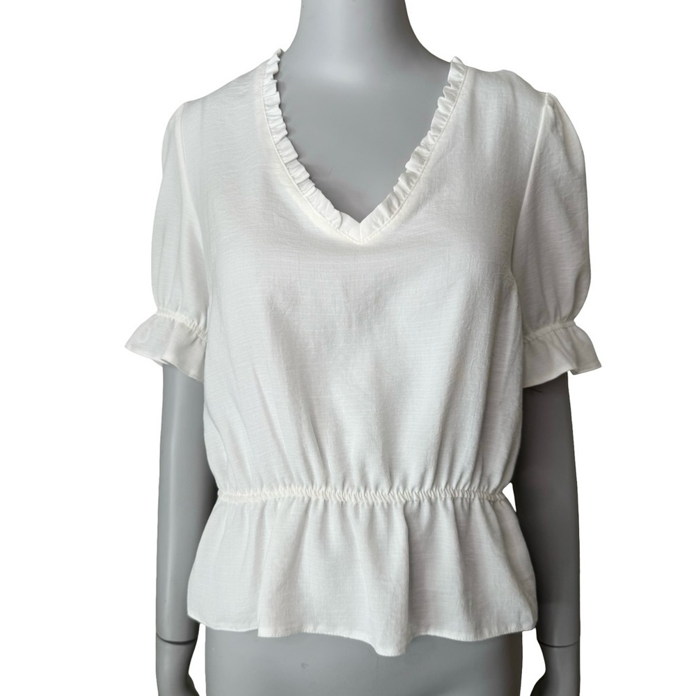 NWT TOPSHOP Ruffle V-Neck Peasant Top Short Sleeves White Elastic Waist
